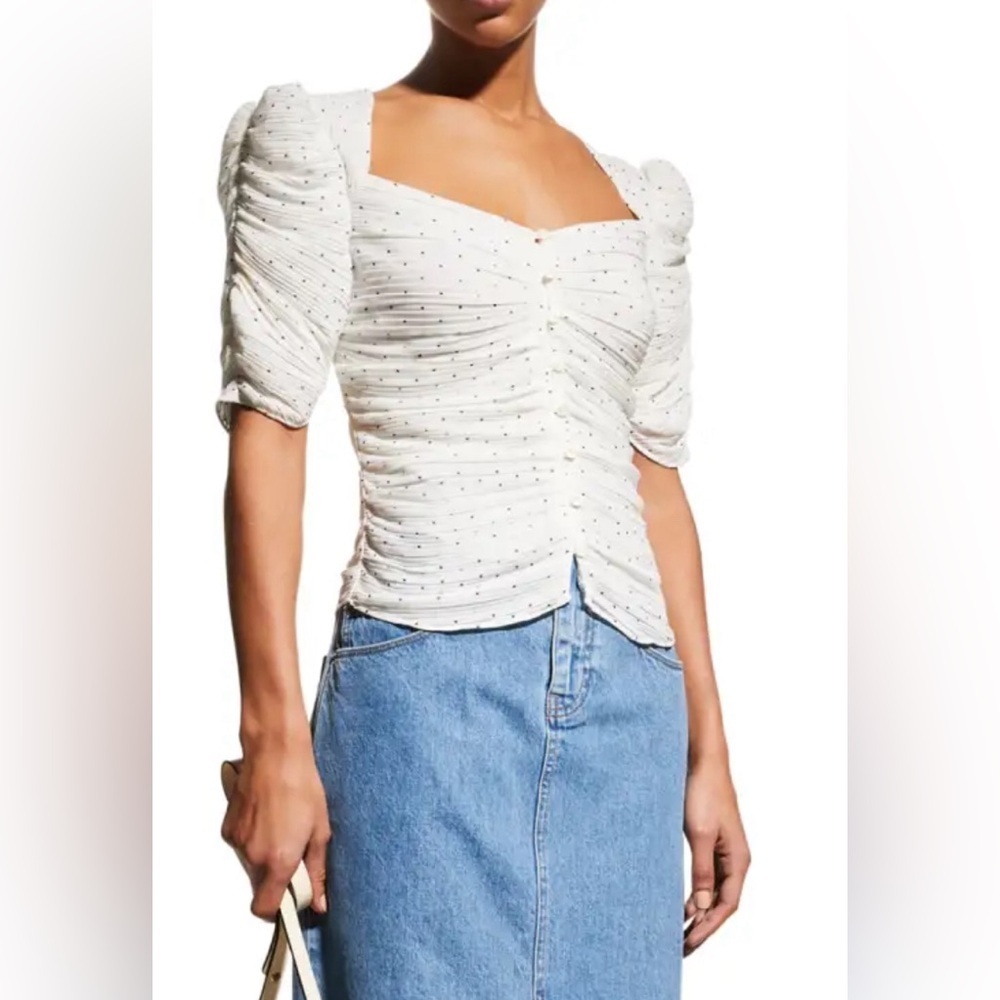Frame Denim White Ruched Puff Sleeve Blouse with Tiny Black Dots